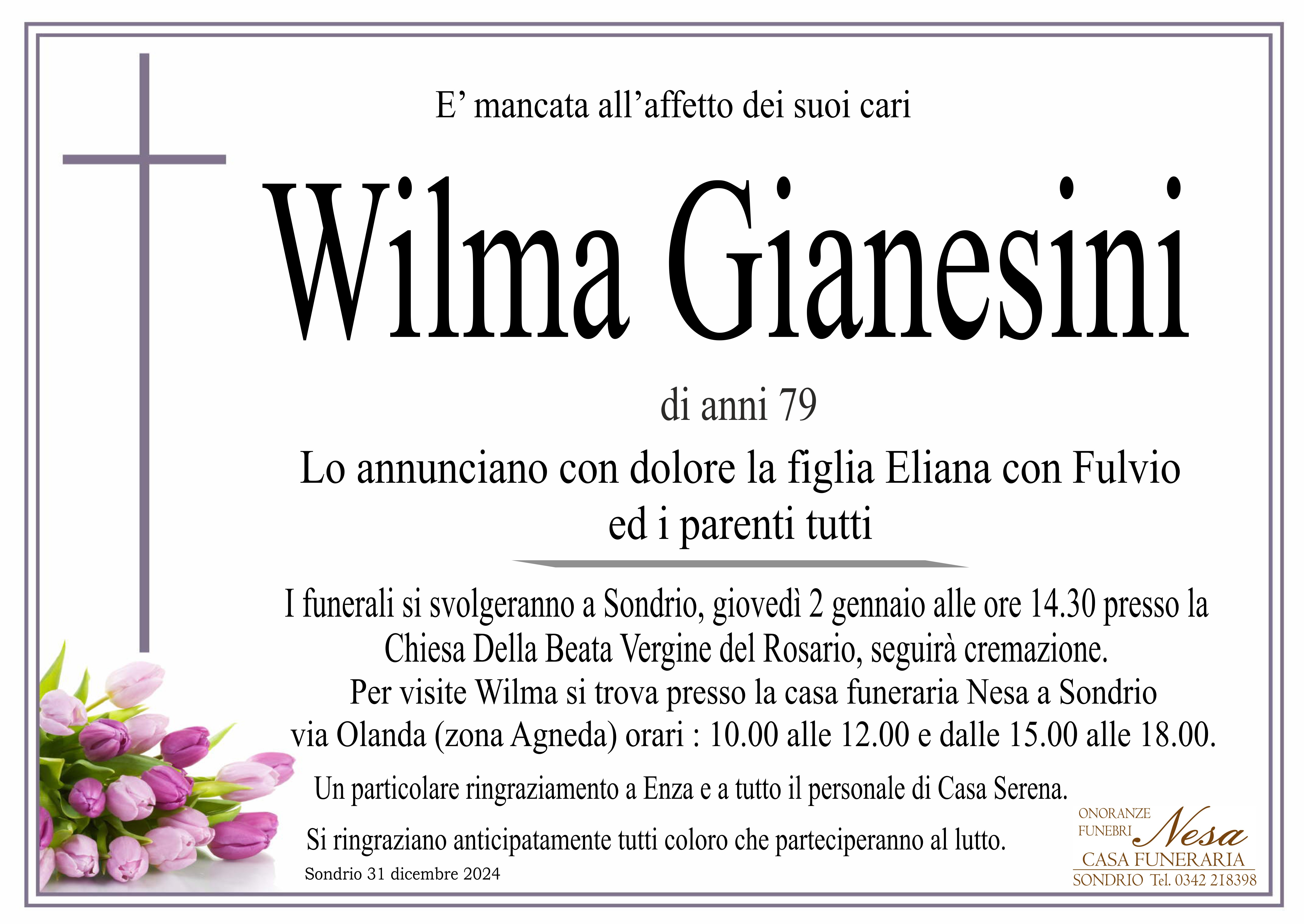 Necrologio Wilma Gianesini